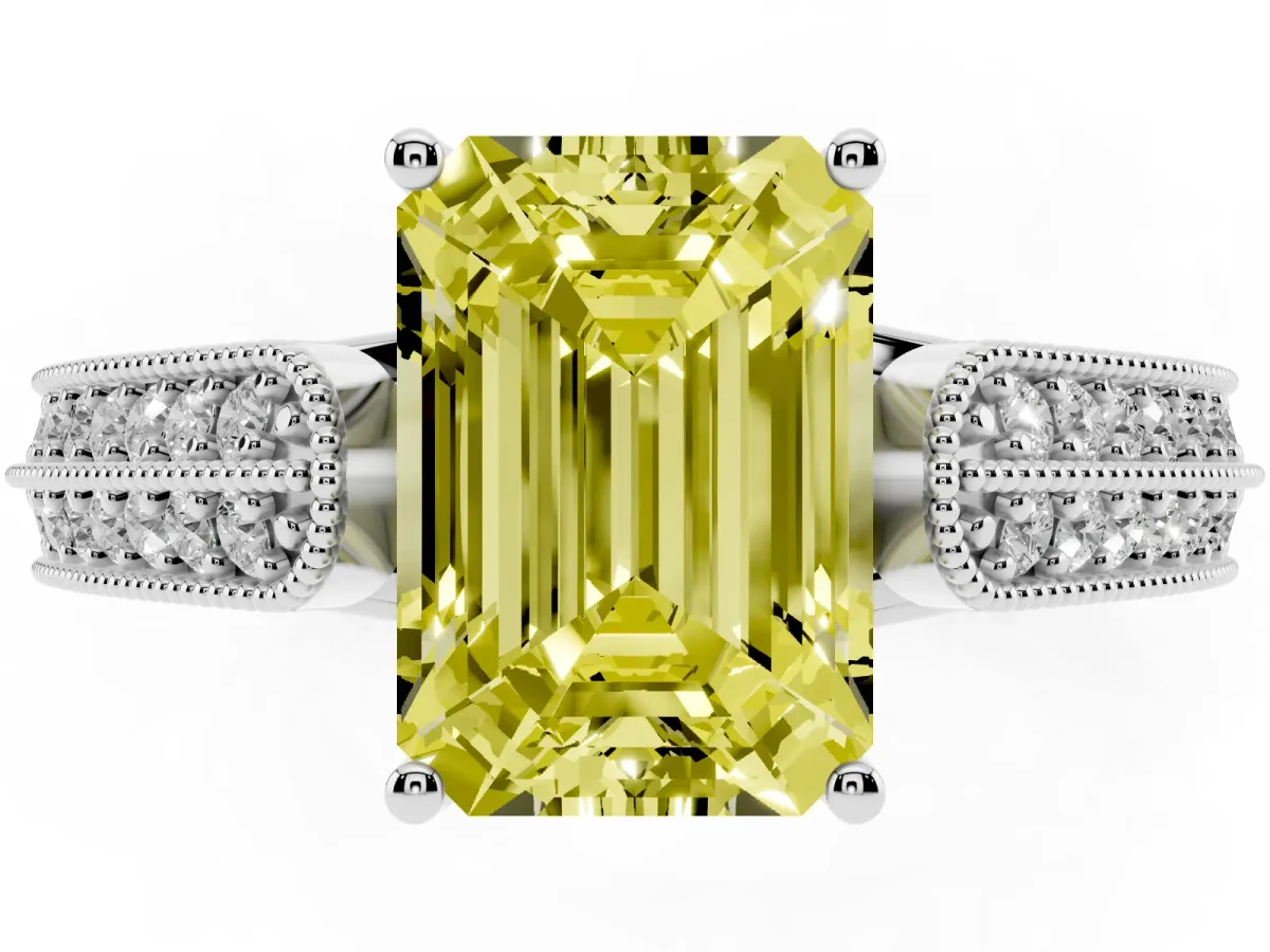 Fancy Yellow Emerald Cut Cut Pave Split Shank Engagement Ring with Four-Prong Setting White gold