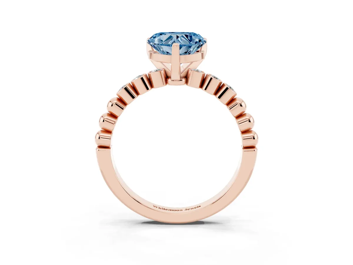 Fancy Blue Heart Cut Solitaire Bezel Accent Diamond Engagement Ring with Beaded Band and Four-Prong Setting Rose gold