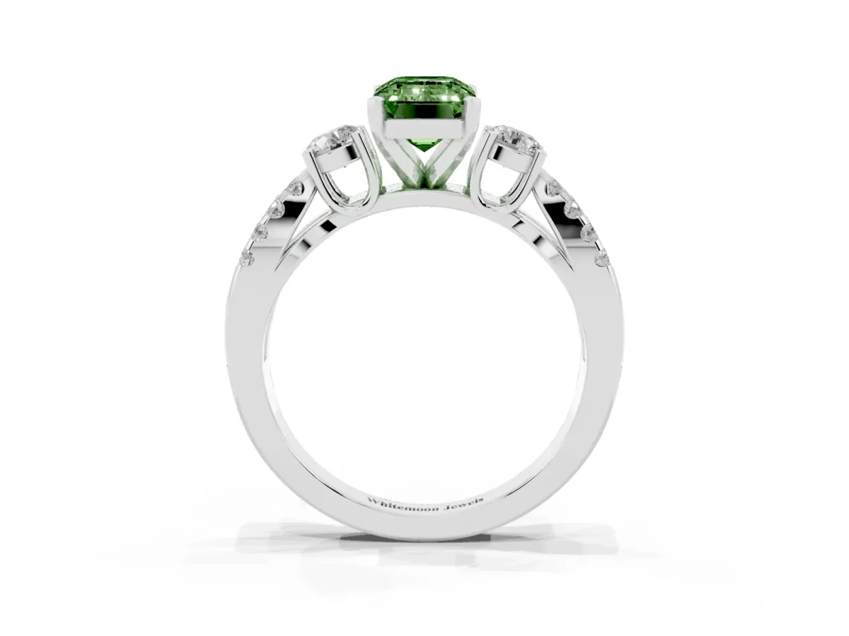 Fancy Green Emerald Cut Diamond Three-Stone Ring with Pavé Split Shank and Four-Prong Setting Silver