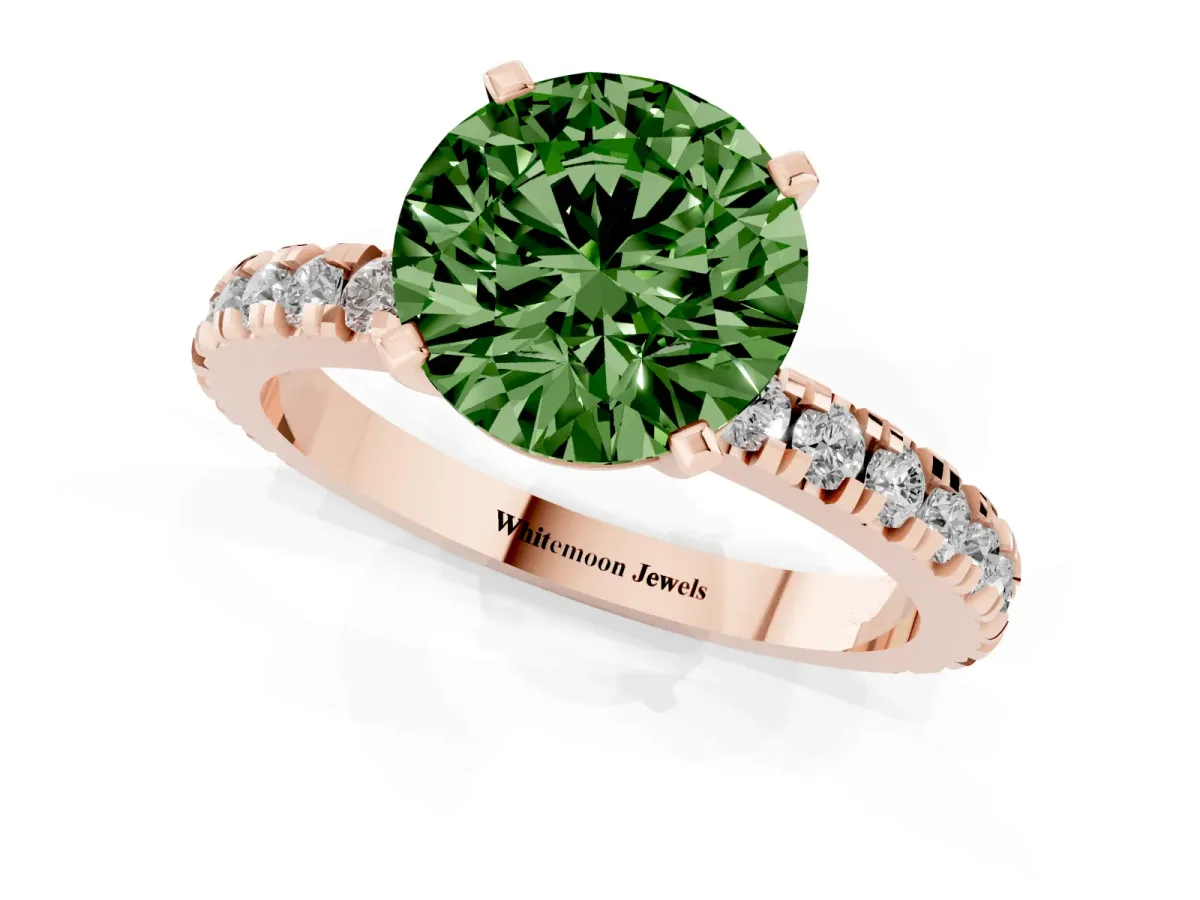 Fancy Green Round Cut Diamond Pavé Band Solitaire with Four-Prong Setting Rose gold