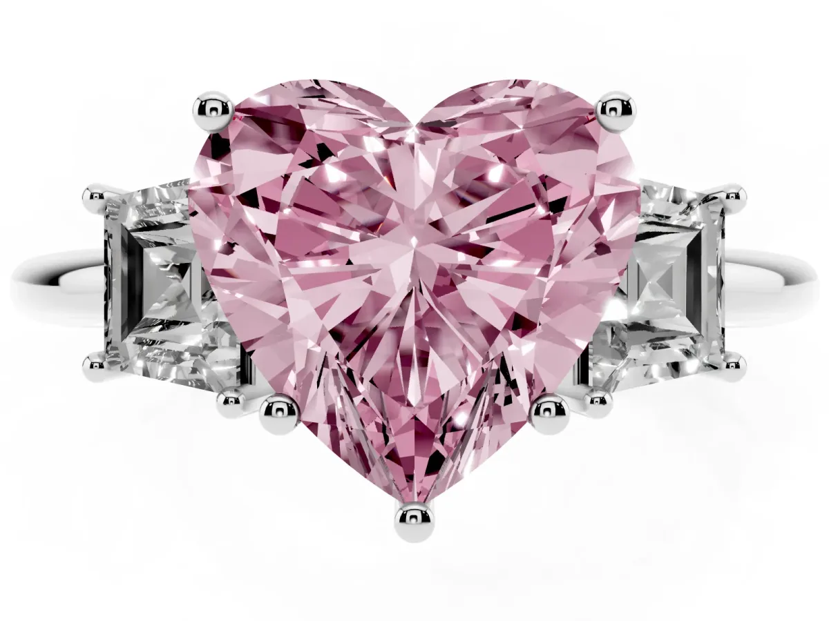 Fancy Pink Heart Cut Diamond Three-Stone Ring with Trapezoid Side Stones and Prong Setting Silver