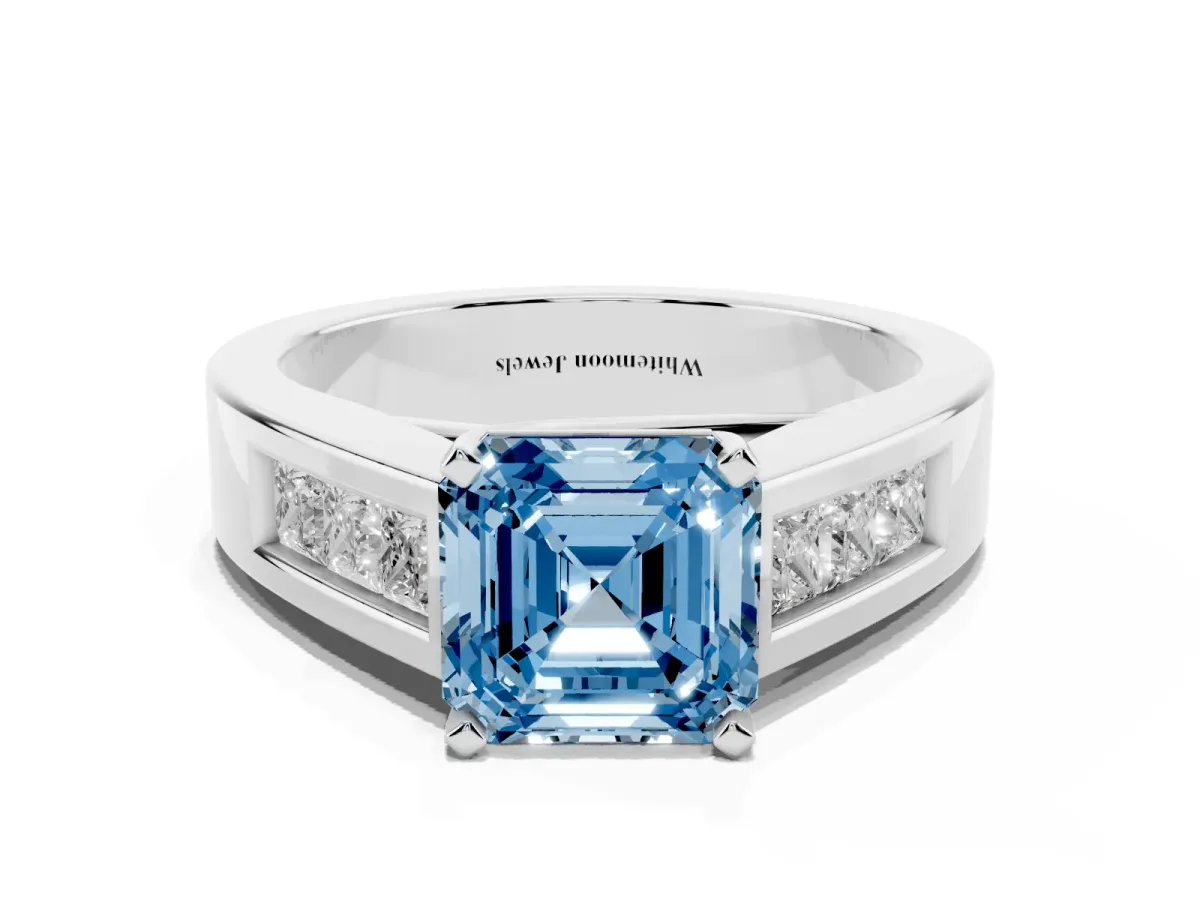 Fancy Blue Asscher Cut Cut Channel Set Solitaire Ring with Four-Prong Setting Silver