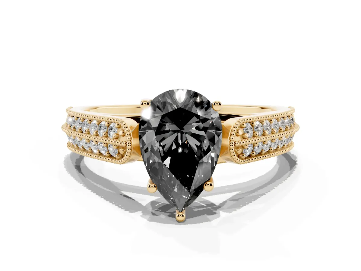 Fancy Black Pear Cut Cut Pave Split Shank Engagement Ring with Four-Prong Setting Yellow gold