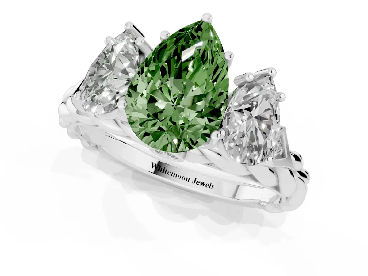 Fancy Green Three-Stone Pear Cut Diamond Braided Band Ring with Four-Prong Setting Silver