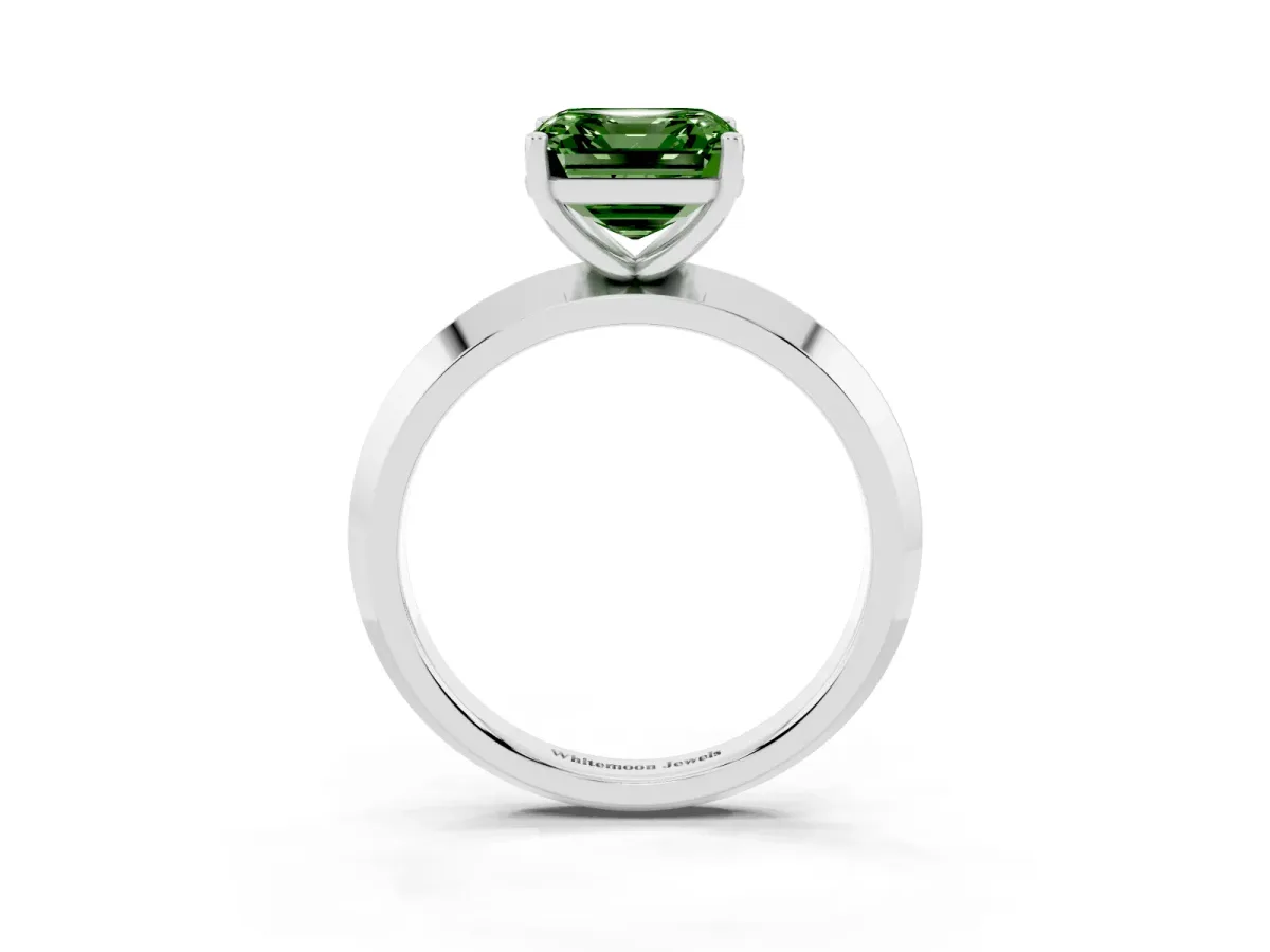 Fancy Green Asscher Cut Cut Solitaire Engagement Ring with Flat Band and Four-Prong Setting Platinum