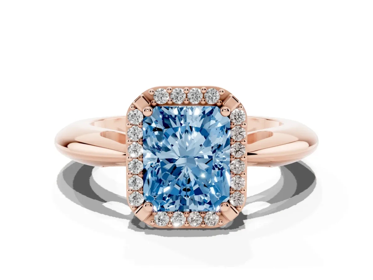 Fancy Blue Radiant Cut Cut Diamond Halo Engagement Ring with Split Shank and Four-Prong Setting Rose gold