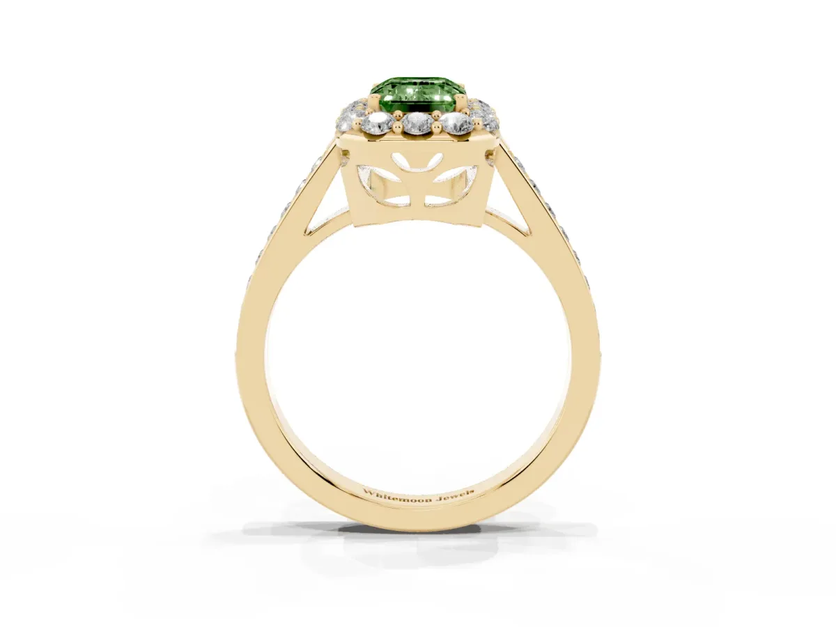 Fancy Green Emerald Cut Diamond Floral Halo Ring with Pavé Band and Prong Setting Yellow gold