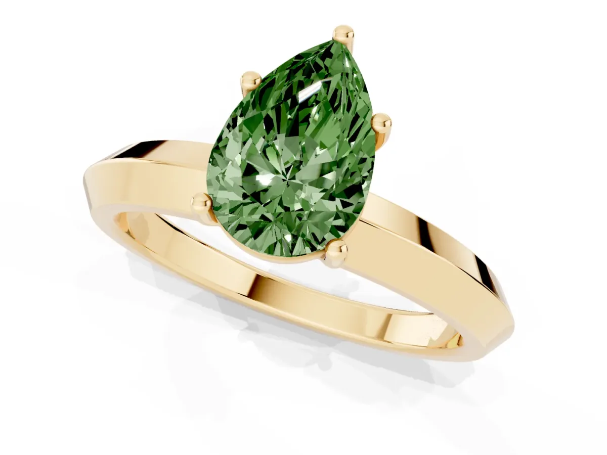 Fancy Green Pear Cut Cut Solitaire Engagement Ring with Flat Band and Four-Prong Setting Yellow gold
