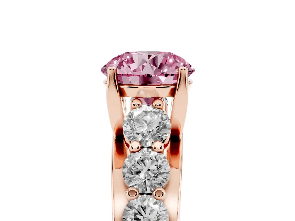 Fancy Pink Round Cut Diamond Engagement Ring with Pavé Band and Four-Prong Setting Rose gold