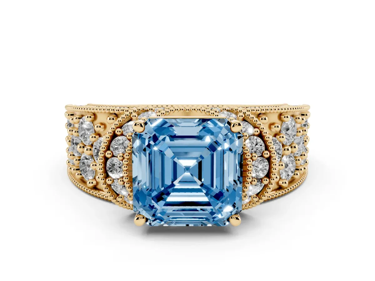 Fancy Blue Asscher Cut Halo Pave Diamond Engagement Ring with Milgrain Detailing Yellow gold