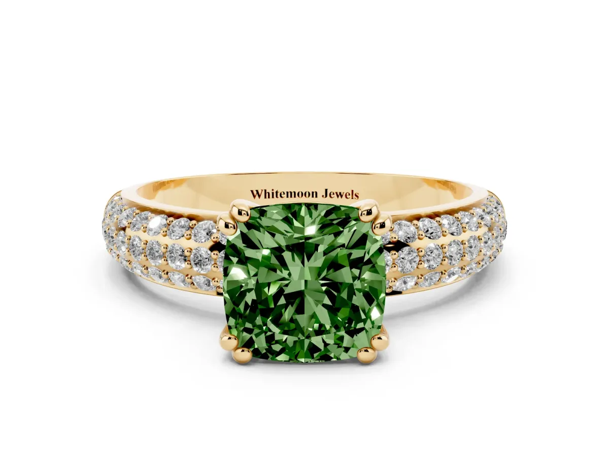 Fancy Green Cushion Cut Diamond Solitaire Ring with Multi-Row Round Pavé Band and Prong Setting Yellow gold