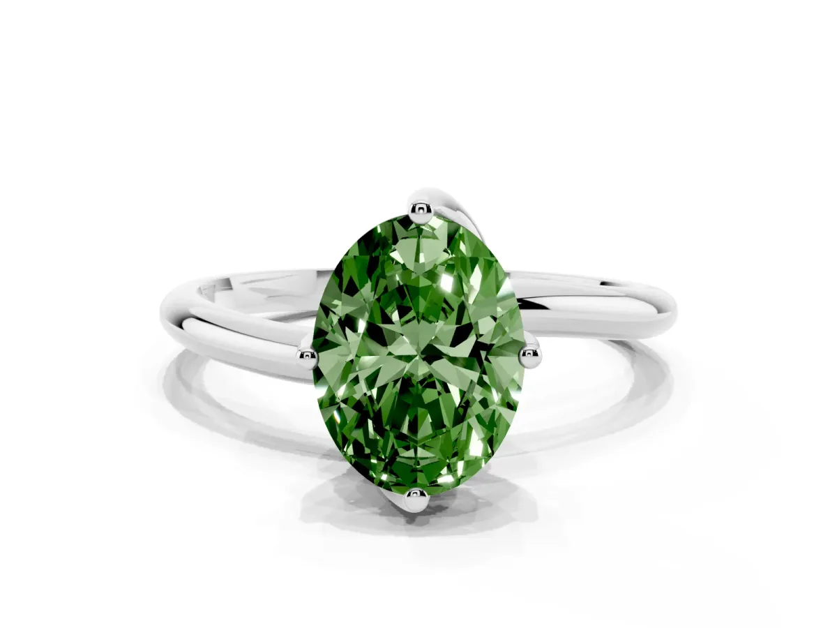 Fancy Green Oval Cut Diamond Solitaire Engagement Ring with Four-Prong Setting and Classic Band Platinum