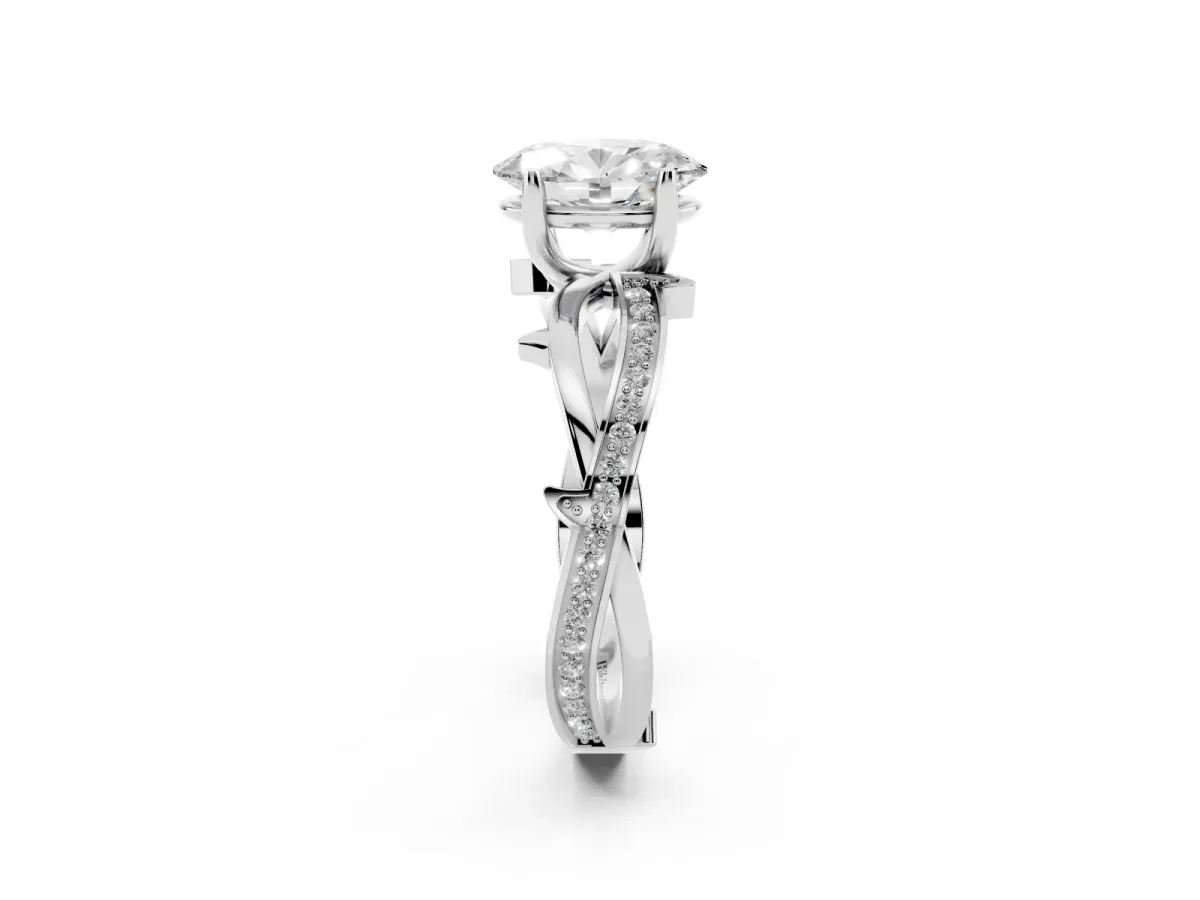 Oval Cut Solitaire Twist Band with Pavé Accents and Four-Prong Setting Silver