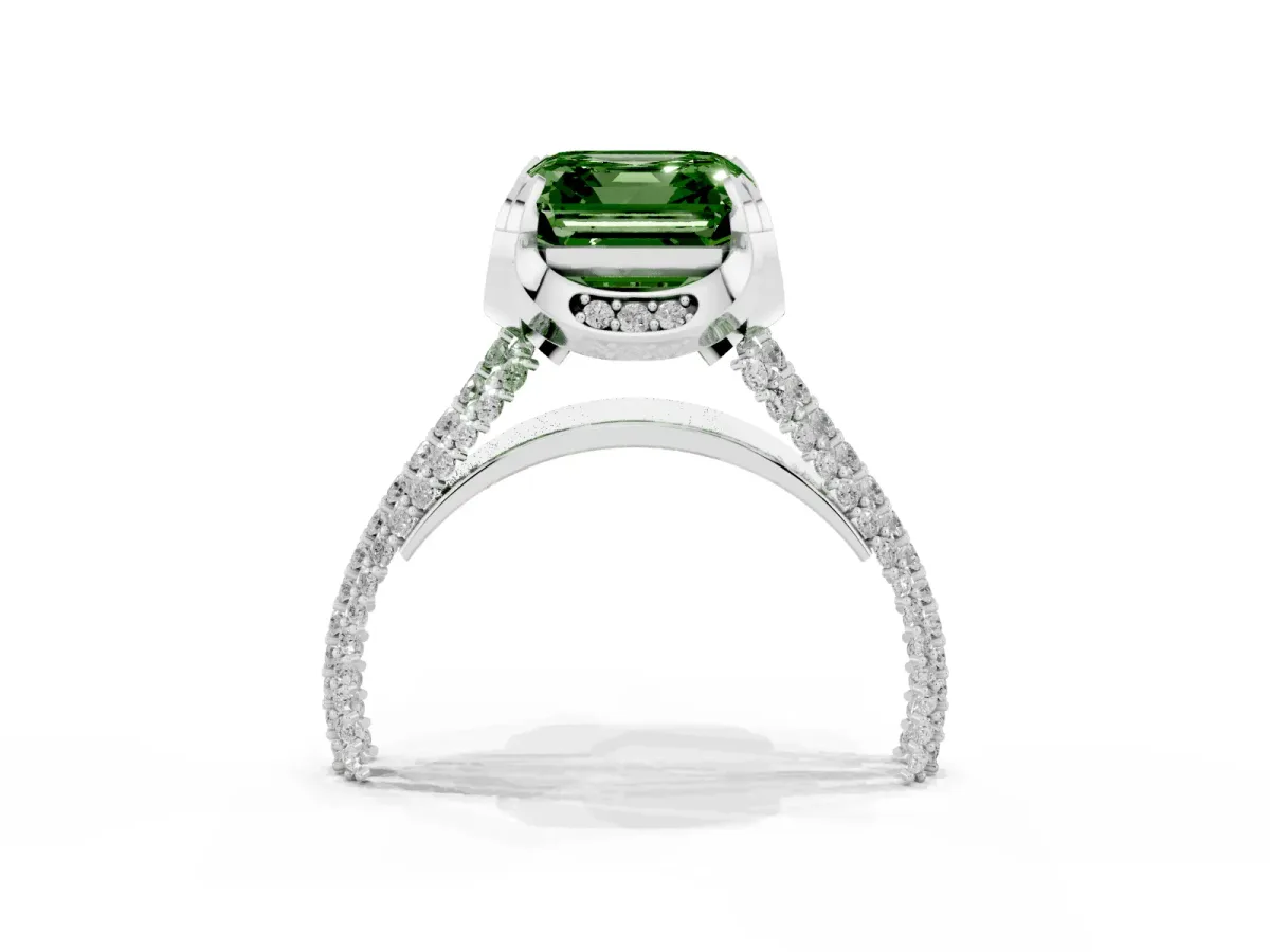Fancy Green Asscher Cut Solitaire Pave Split Shank Ring with Four-Prong Setting Platinum
