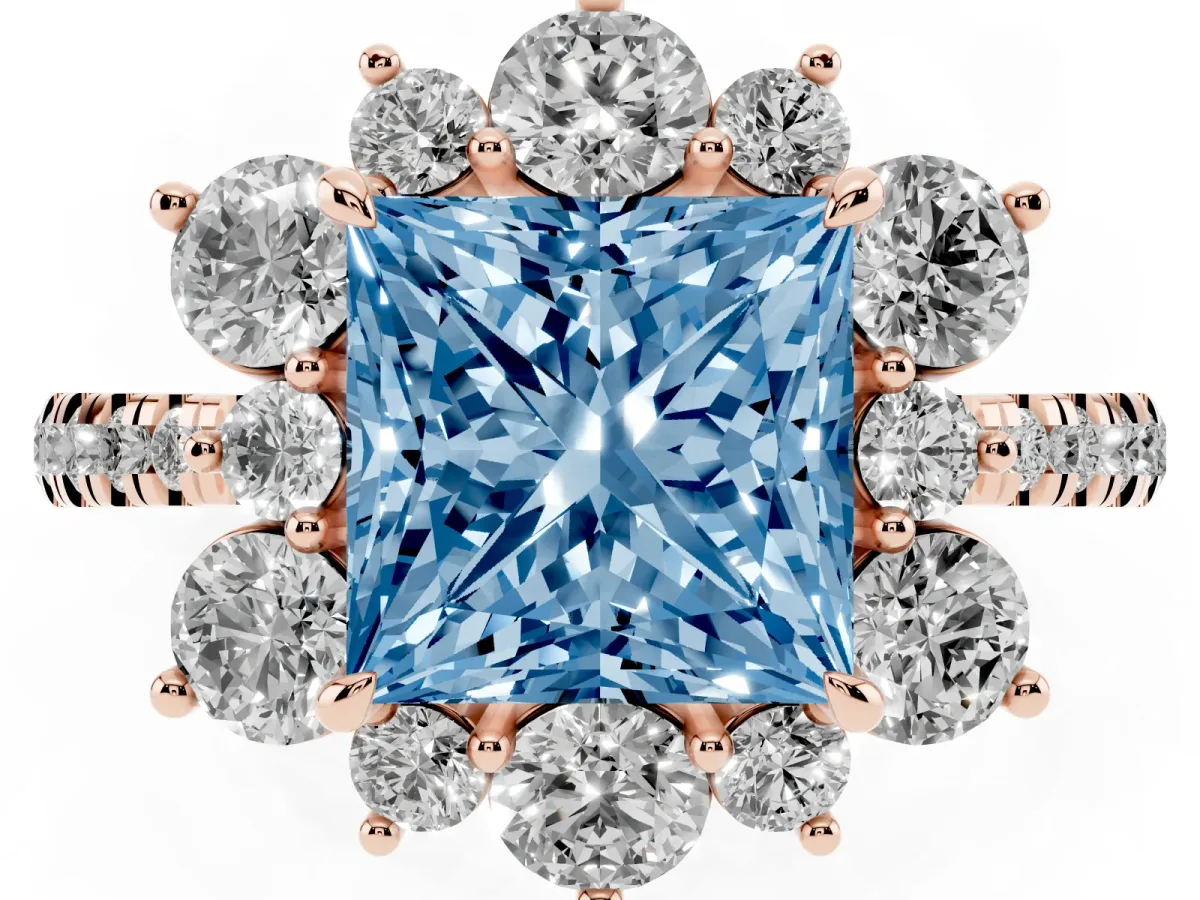 Fancy Blue Princess Cut Diamond Floral Halo Ring with Round Pavé Band and Prong Setting Rose gold
