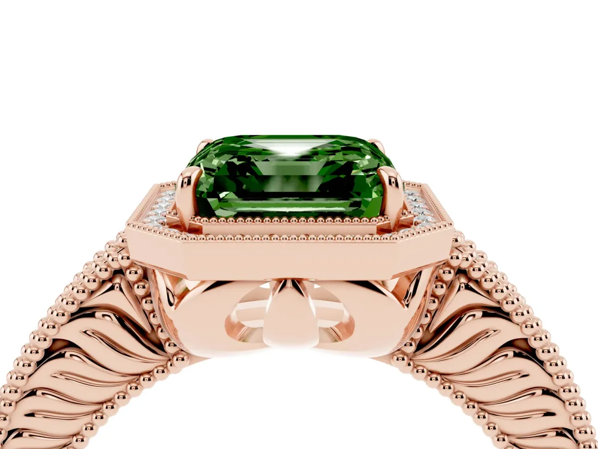 Fancy Green Asscher Cut Cut Halo Diamond Ring with Pavé Band and Four-Prong Setting Rose gold