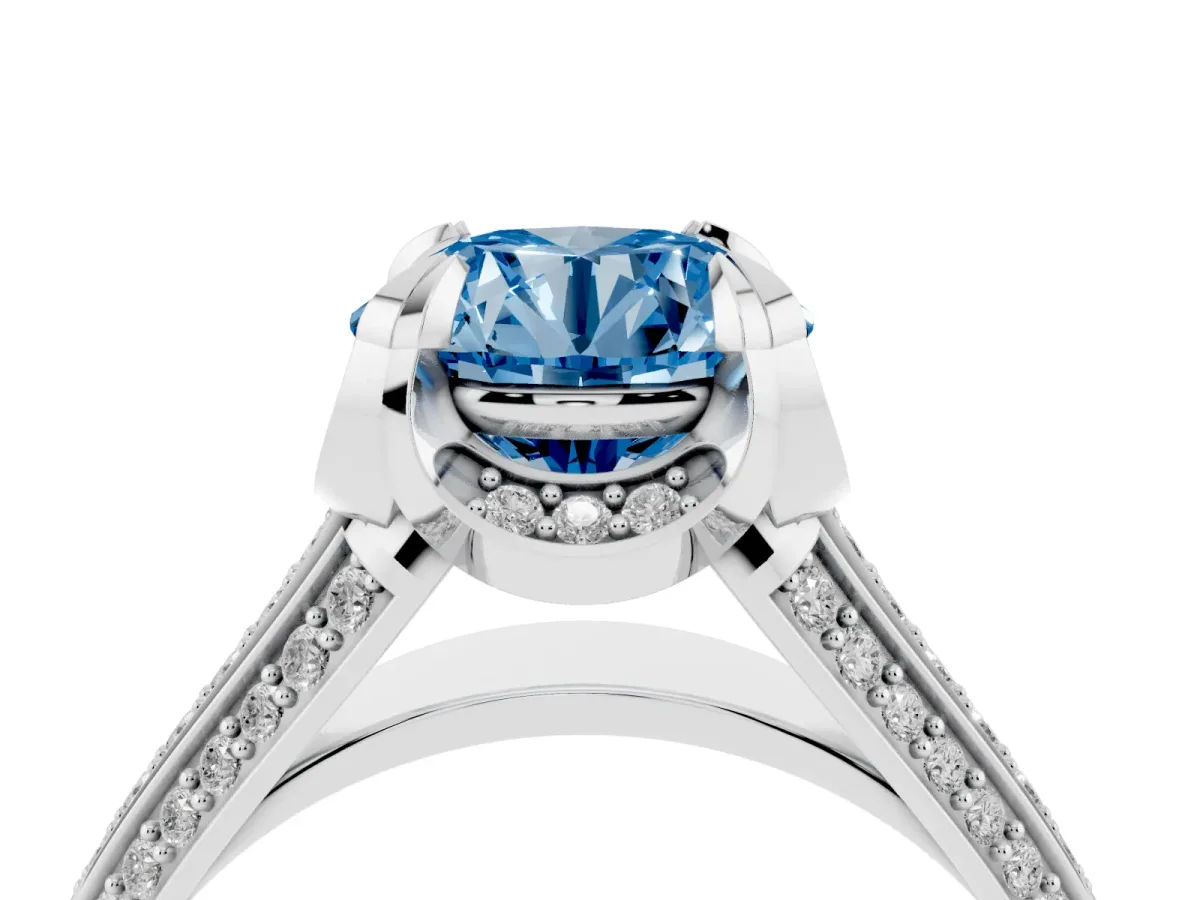 Fancy Blue Round Cut Solitaire Pave Split Shank Ring with Four-Prong Setting Platinum