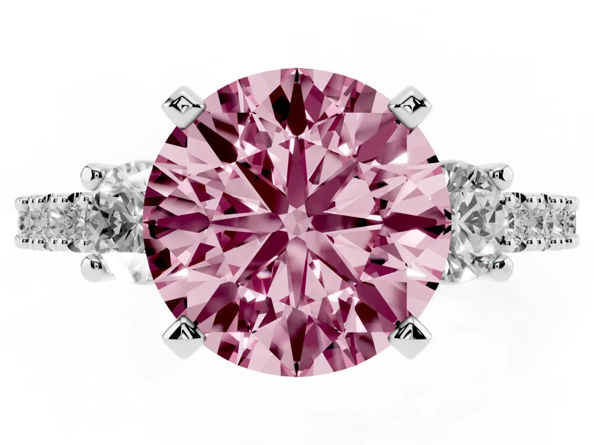 Fancy Pink Round Cut Three-Stone Diamond Pavé Band with Prong Setting Silver