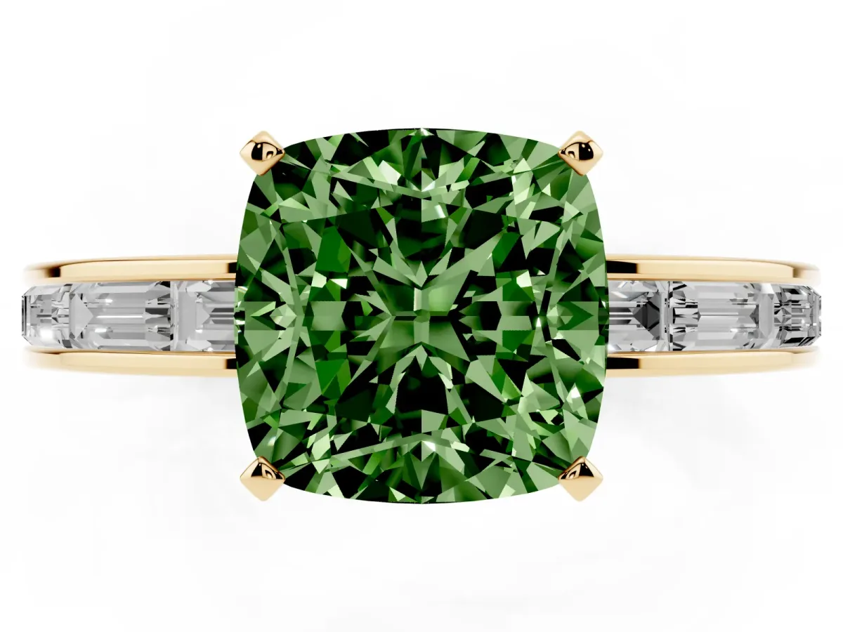 Fancy Green Cushion Cut Solitaire Diamond Ring with Channel-Set Baguette Band and Four-Prong Setting Yellow gold