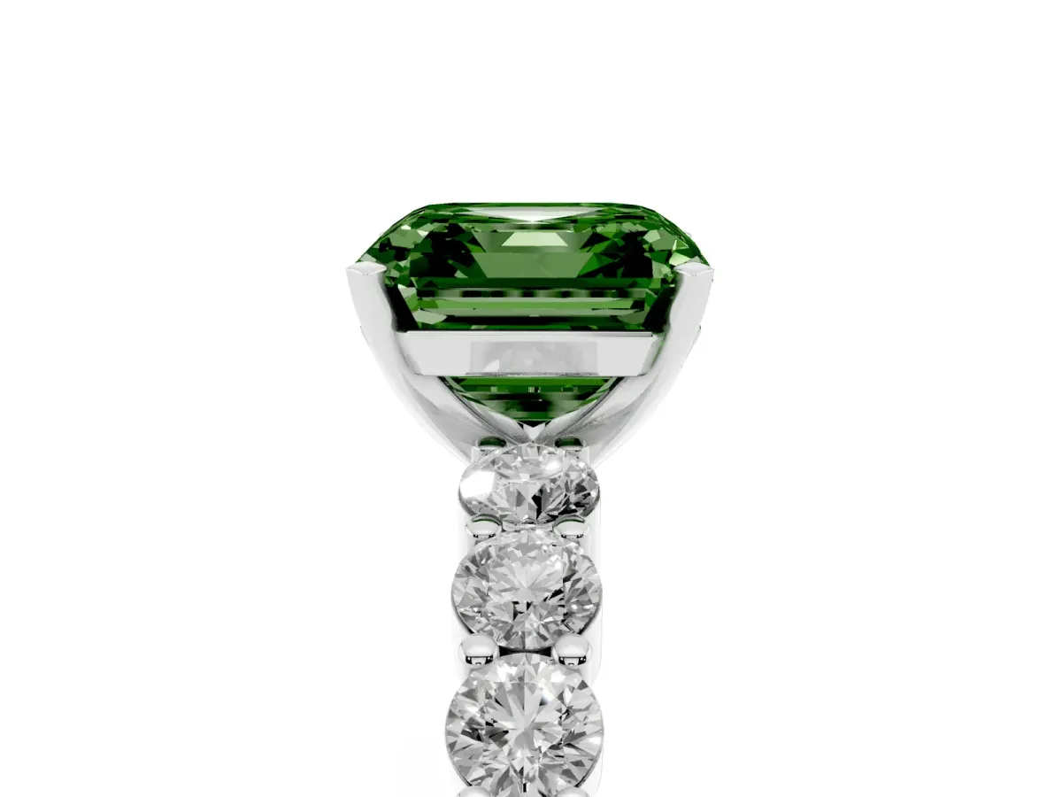Fancy Green Asscher Cut Diamond Solitaire Ring with Shared Prong Round Side Stones Silver