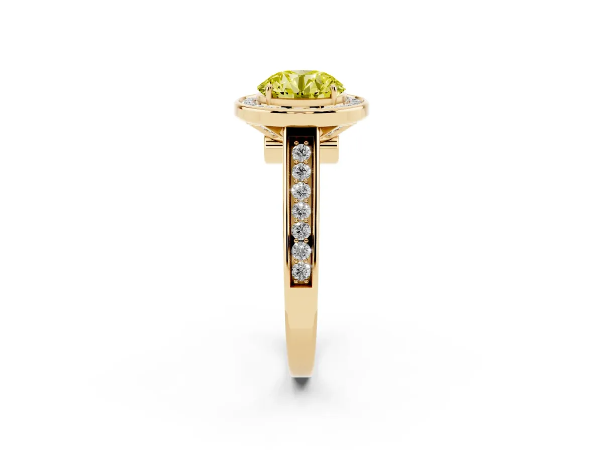 Fancy Yellow Round Cut Halo Solitaire Diamond Ring with Pave Band and Bezel Setting Yellow gold
