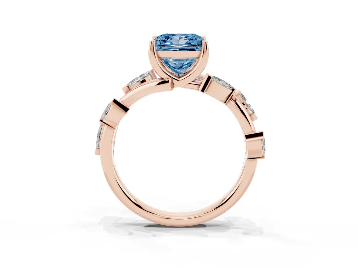 Fancy Blue Princess Cut Solitaire Twisted Band Marquise Accent Prong Setting Ring Rose gold