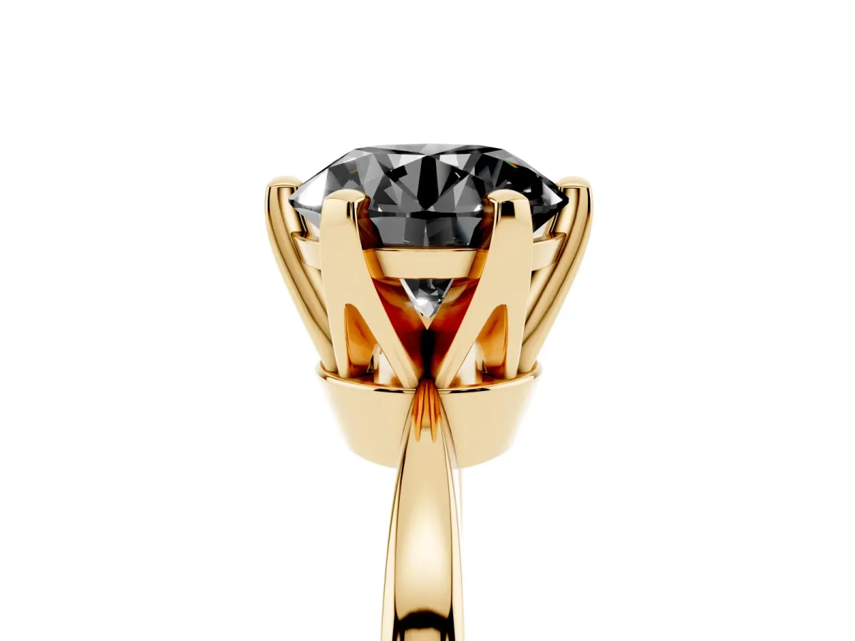 Fancy Black Round Cut Solitaire Engagement Ring with Six-Prong Setting and Tapered Band Yellow gold