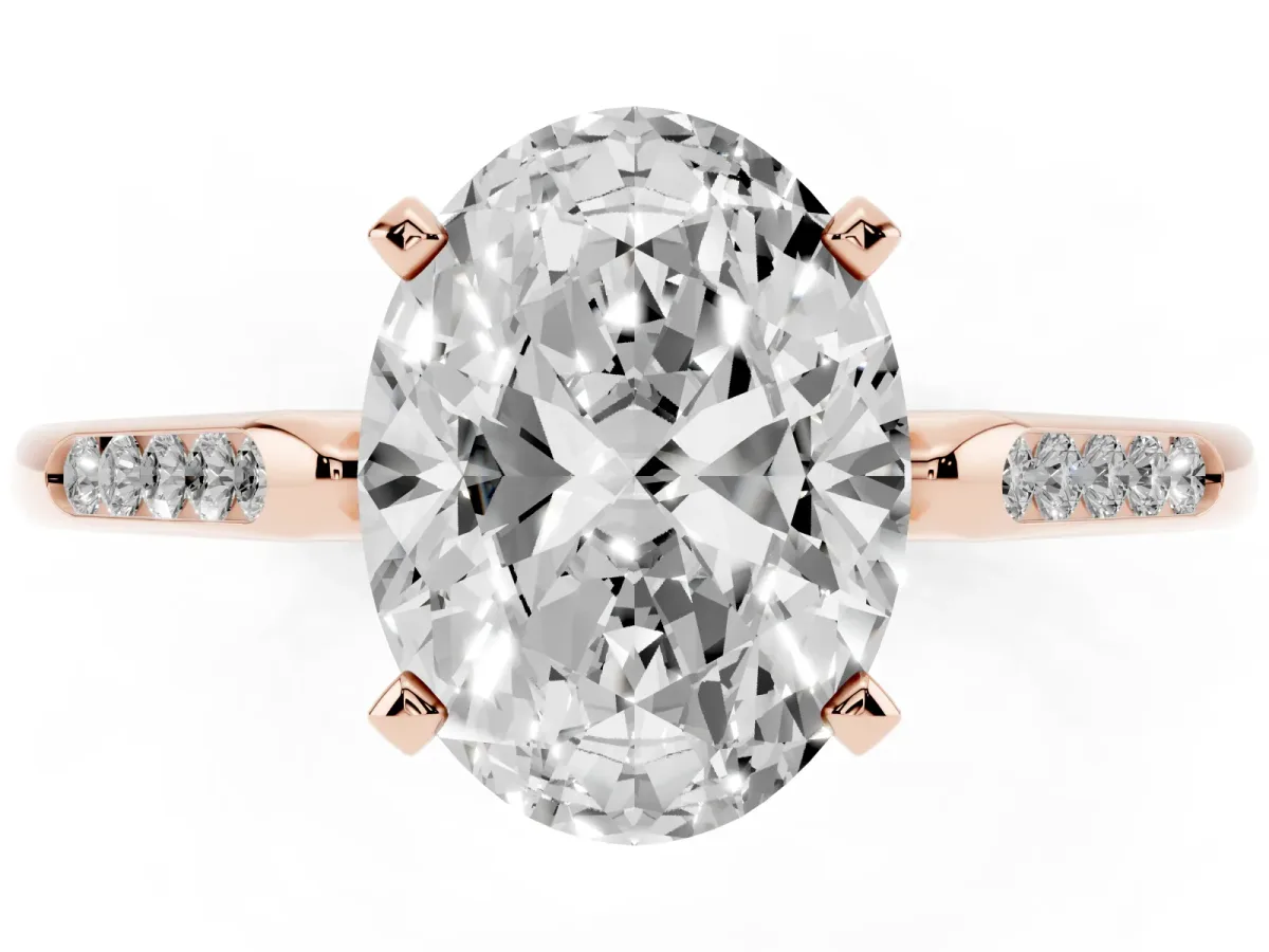 Oval Cut Diamond Solitaire Ring with Channel Set Round Band and Prong Setting Rose gold