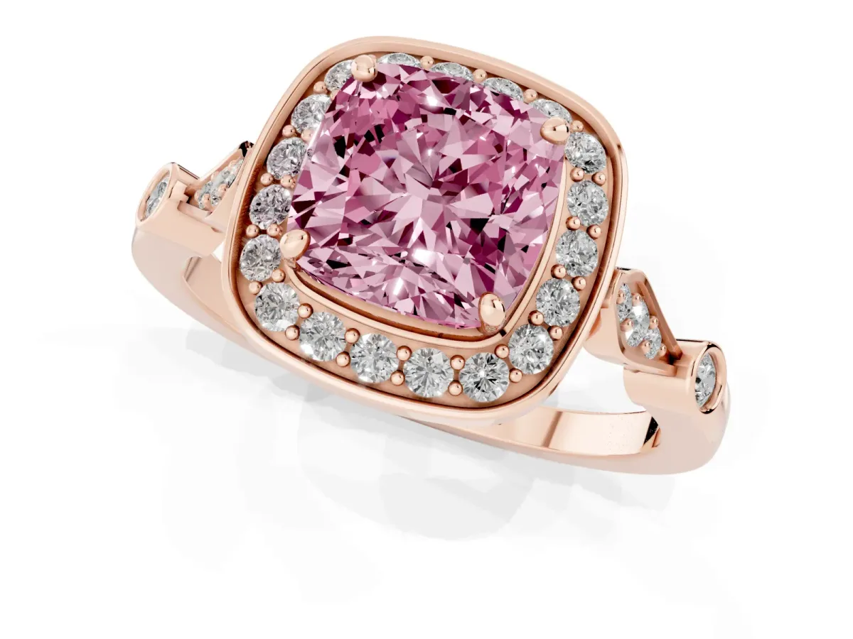 Fancy Pink Cushion Cut Halo Diamond Engagement Ring with Twisted Band and Four-Prong Setting Rose gold