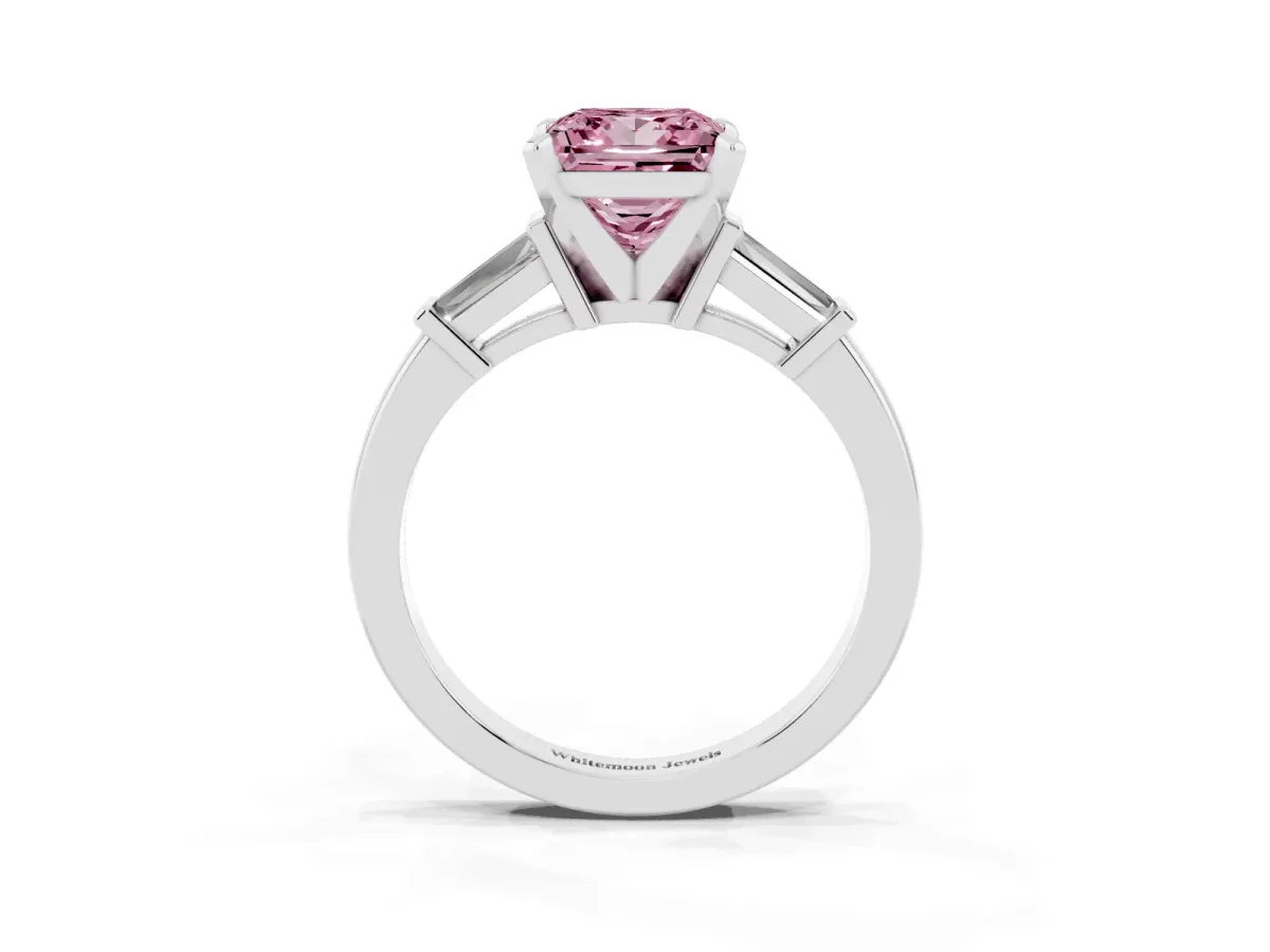 Fancy Pink Princess Cut Cut Diamond Solitaire Ring with Tapered Baguette Accents and Four-Prong Setting Silver