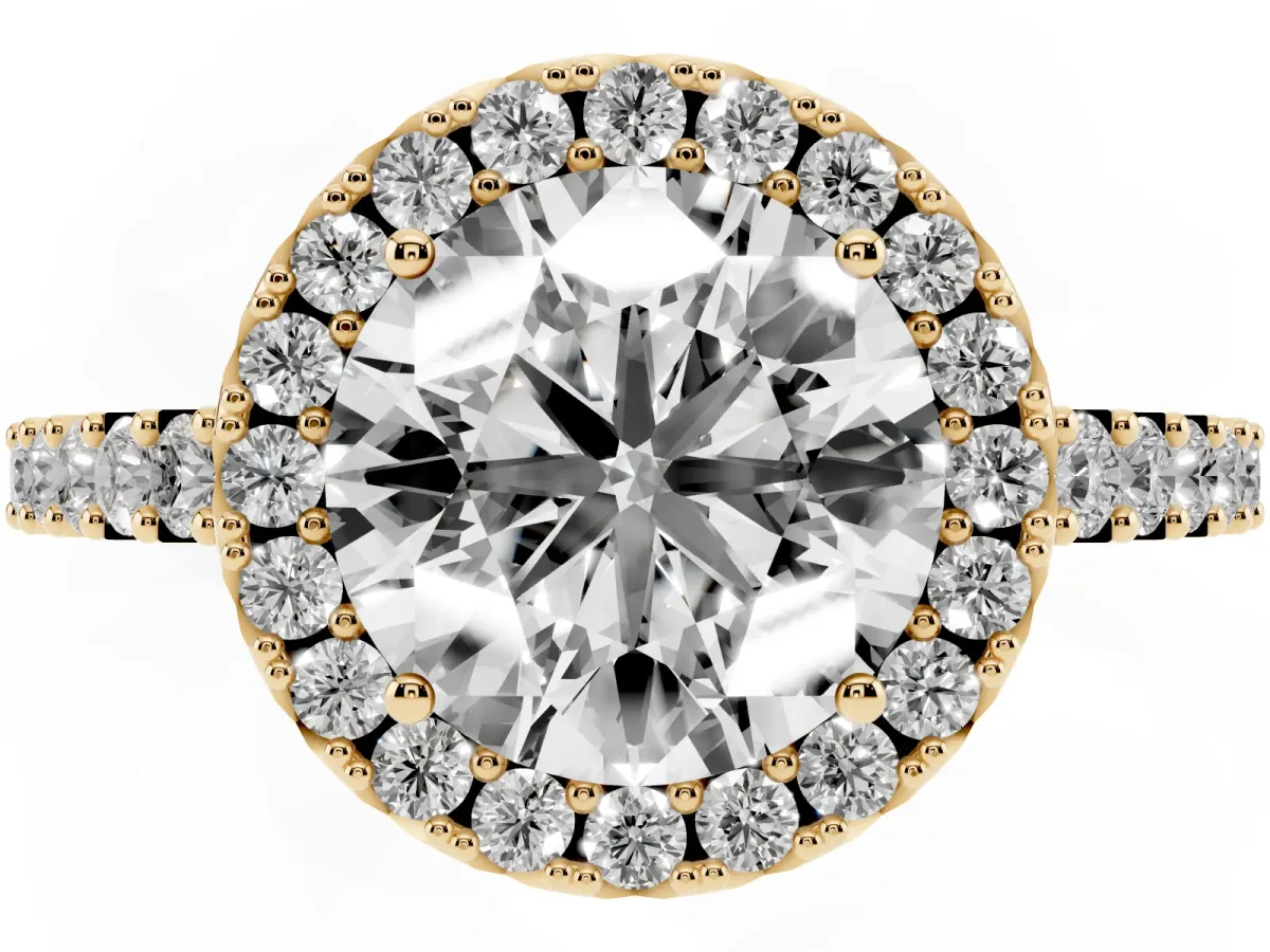 Round Cut Halo Diamond Pavé Solitaire Ring Yellow gold
