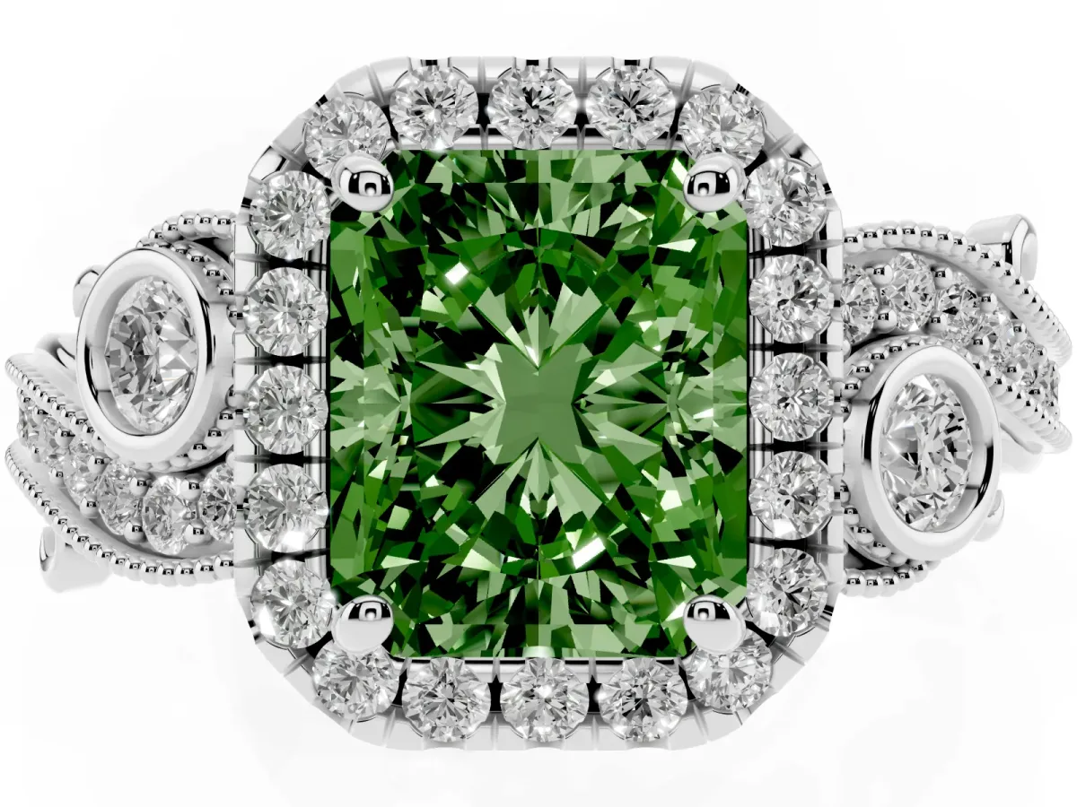 Fancy Green Radiant Cut Diamond Halo Ring with Milgrain Pavé Band and Four-Prong Setting Platinum