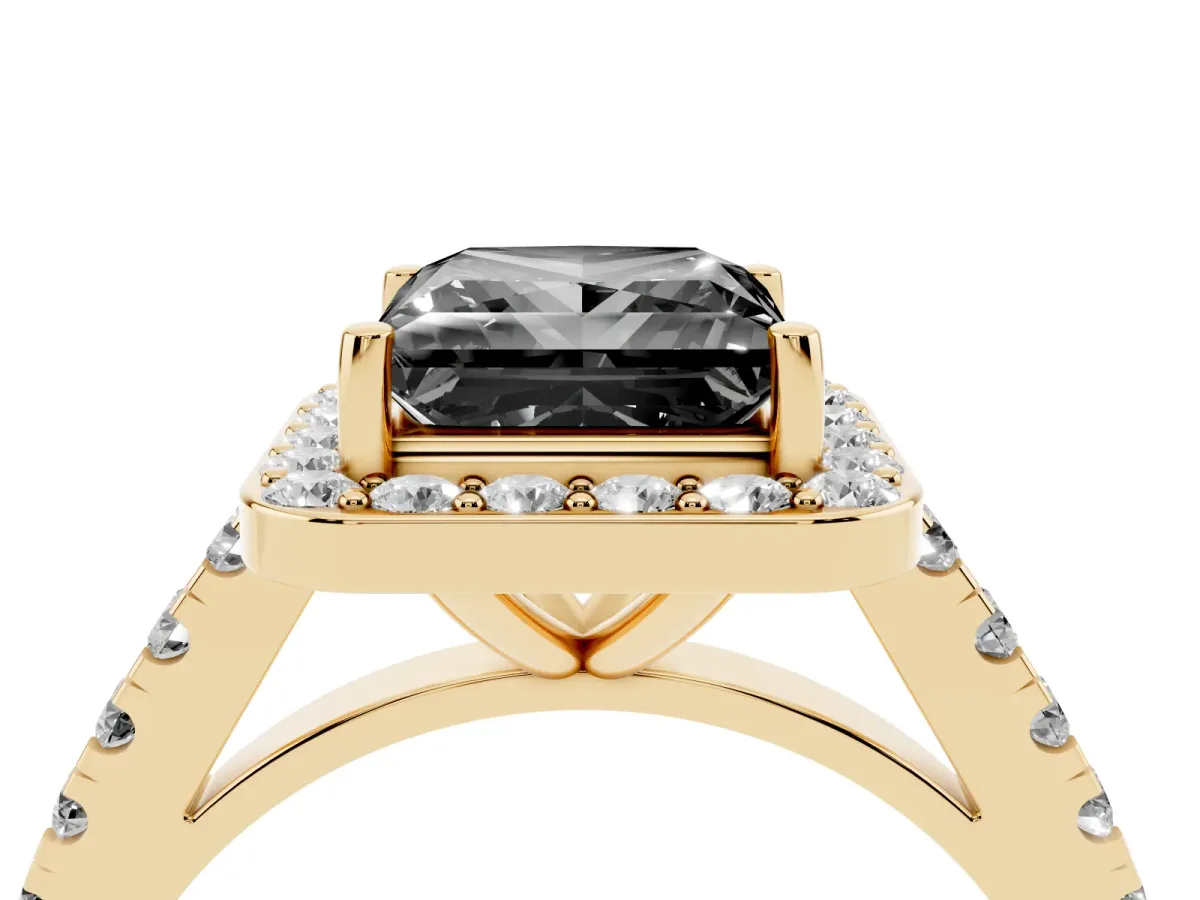 Fancy Black Princess Cut Diamond Halo Ring with Round Pavé Split Shank and Prong Setting Yellow gold