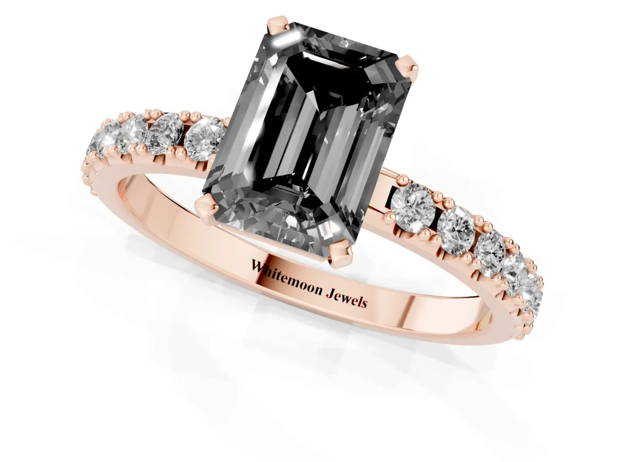 Fancy Black Emerald Cut Diamond Solitaire Pavé Band with Four-Prong Setting Rose gold