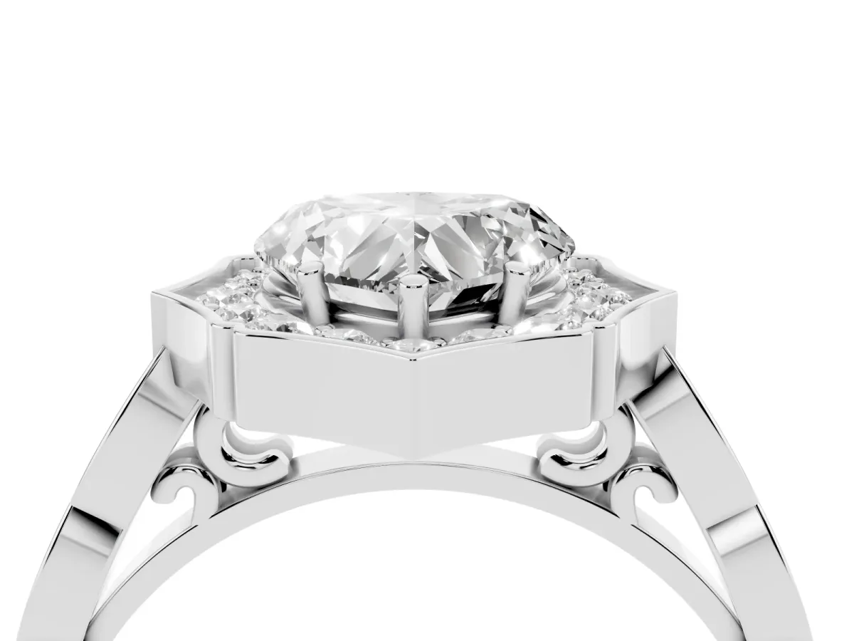Heart Cut Halo Diamond Engagement Ring with Milgrain Band and Four-Prong Setting White gold