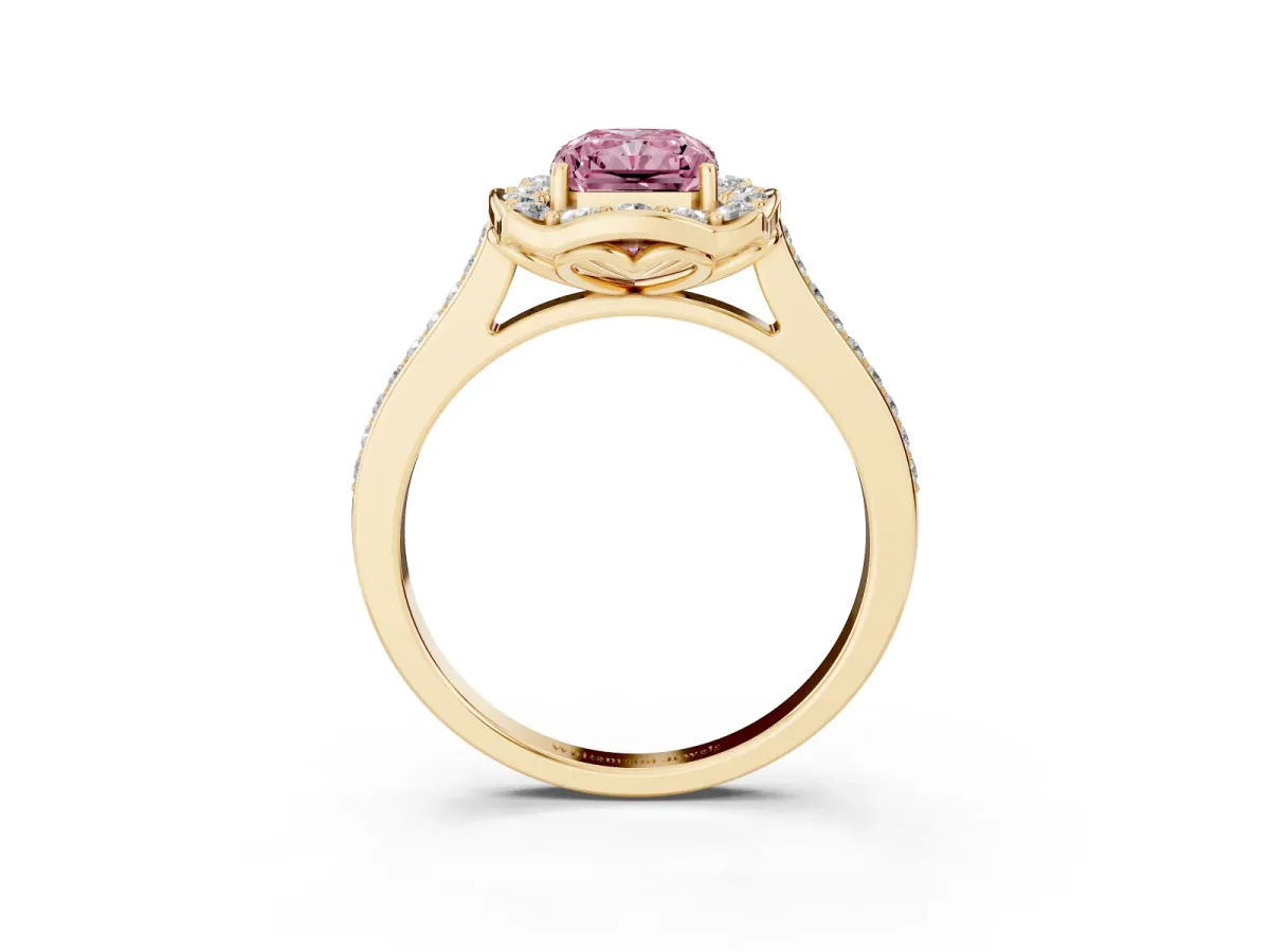 Fancy Pink Radiant Cut Halo Round Diamond Pave Band with Four-Prong Setting Yellow gold
