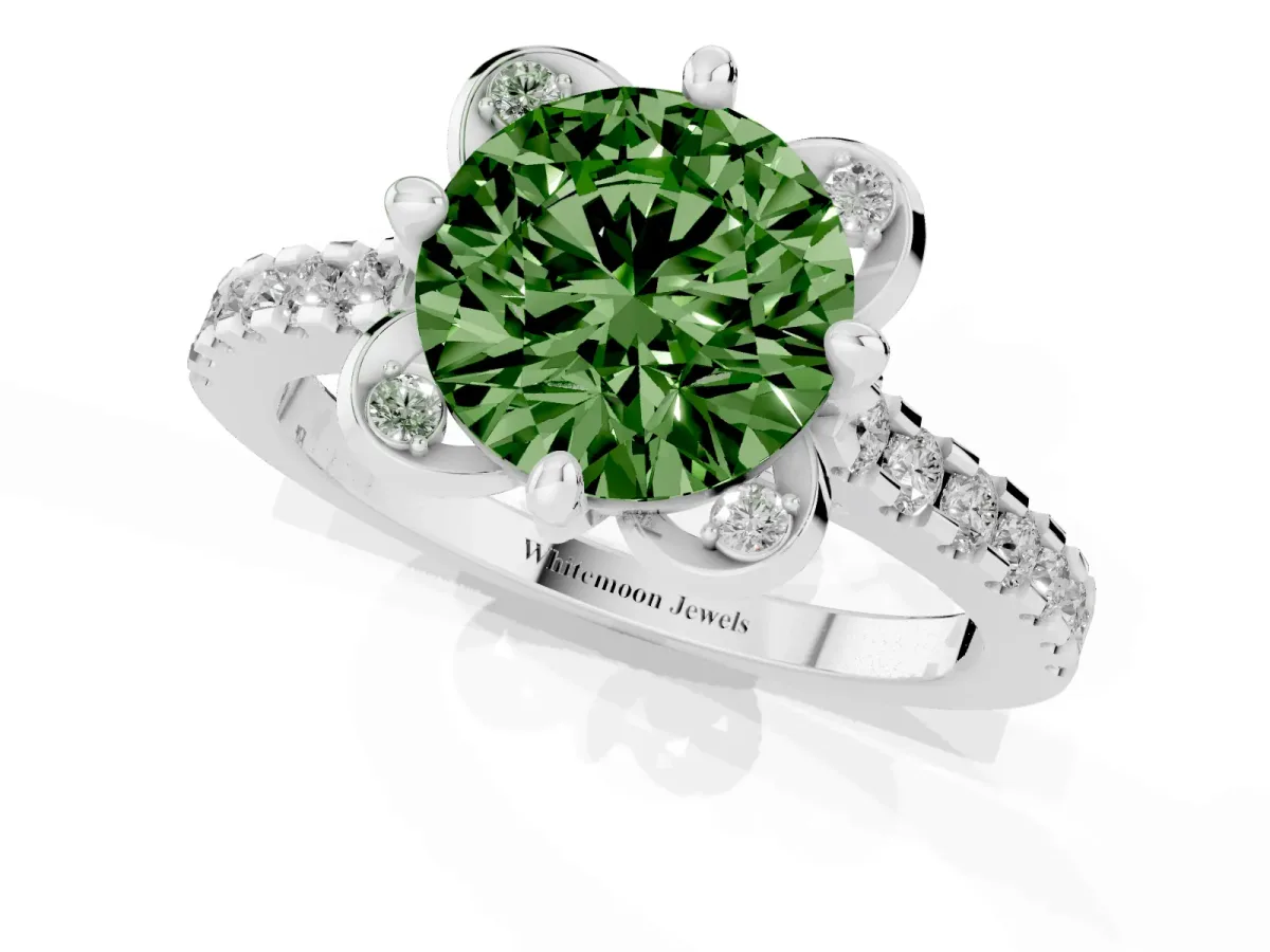 Fancy Green Round Cut Diamond Ring with Pavé Band and Floral Prong Setting Silver
