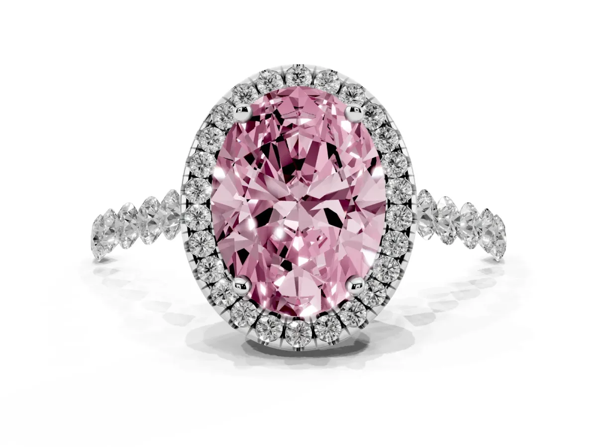 Fancy Pink Oval Cut Halo Pavé Diamond Engagement Ring with Four-Prong Setting Platinum