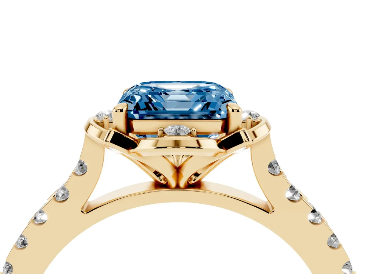 Fancy Blue Asscher Cut Diamond Ring with Pavé Band and Floral Prong Setting Yellow gold