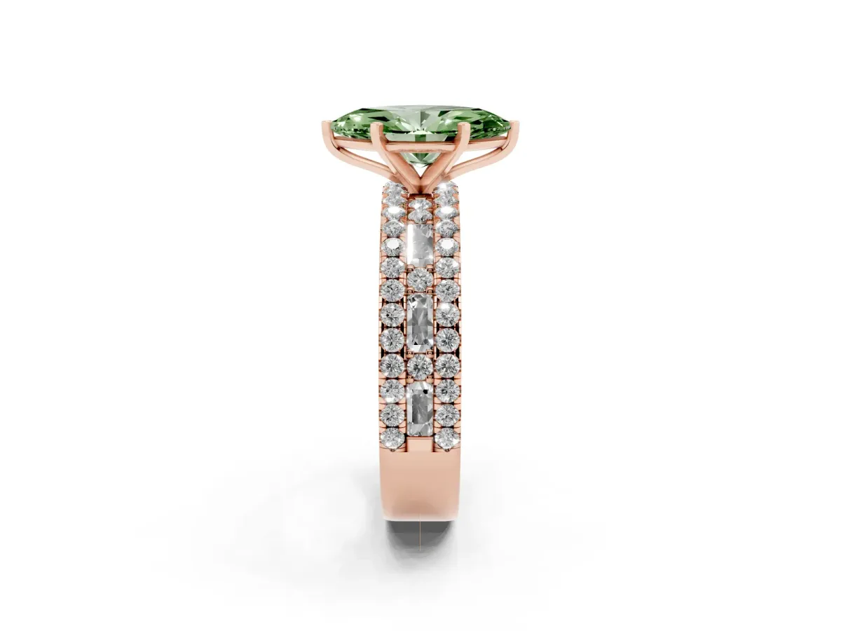 Fancy Green Marquise Cut Diamond Solitaire Ring with Pavé and Channel Set Band Rose gold