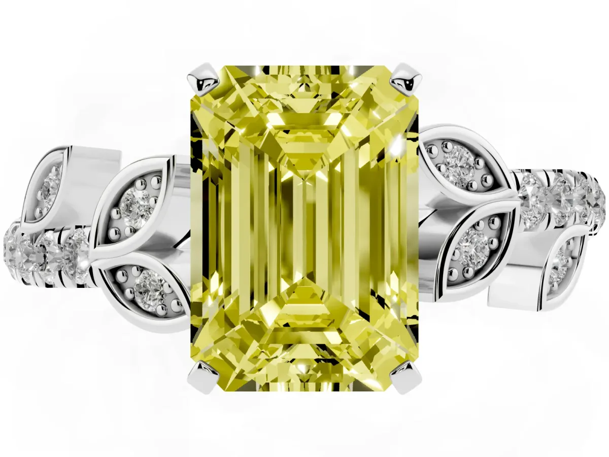 Fancy Yellow Emerald Cut Solitaire Leaf-Inspired Diamond Ring with Pavé Band and Four-Prong Setting Silver