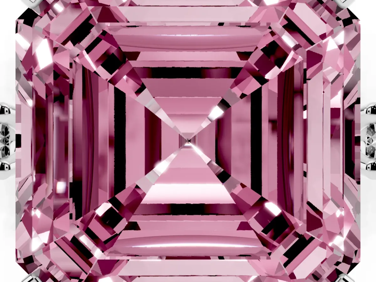 Fancy Pink Asscher Cut Cut Three-Stone Solitaire Ring with Round Accent Diamonds and Four-Prong Setting Silver