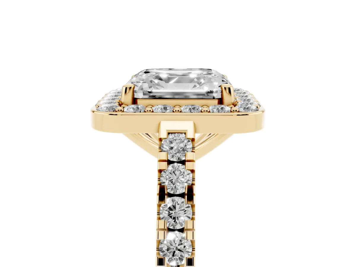 Asscher Cut Diamond Halo Ring with Round Pavé Split Shank and Prong Setting Yellow gold