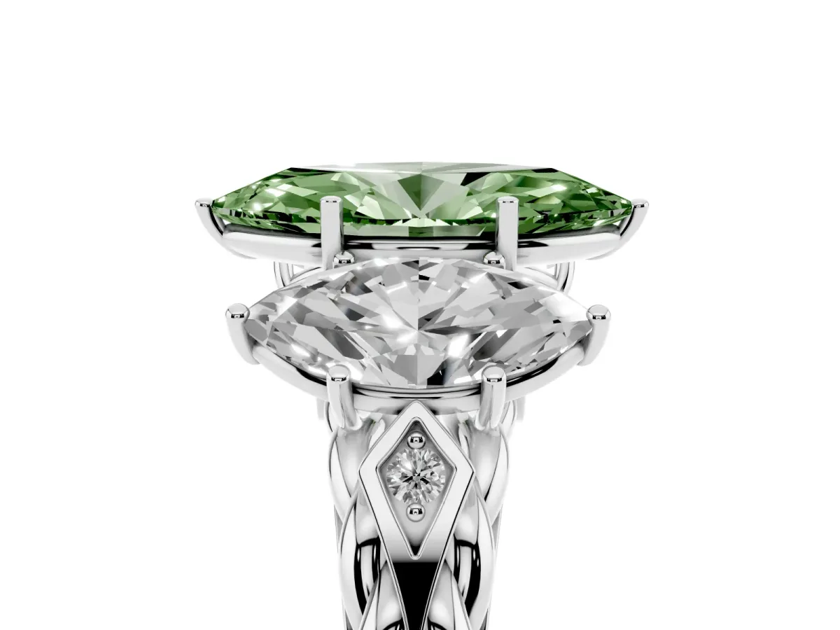 Fancy Green Three-Stone Marquise Cut Diamond Braided Band Ring with Four-Prong Setting Silver