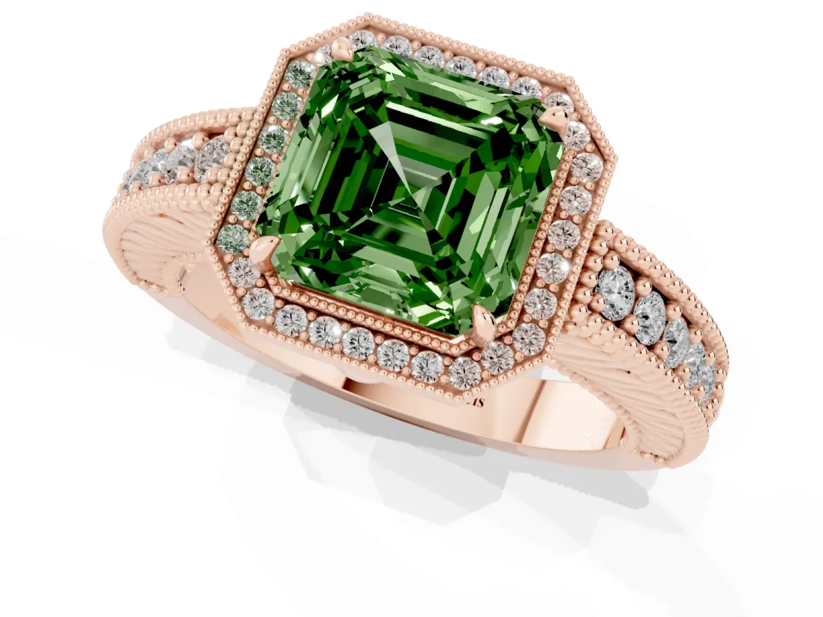 Fancy Green Asscher Cut Cut Halo Diamond Ring with Pavé Band and Four-Prong Setting Rose gold