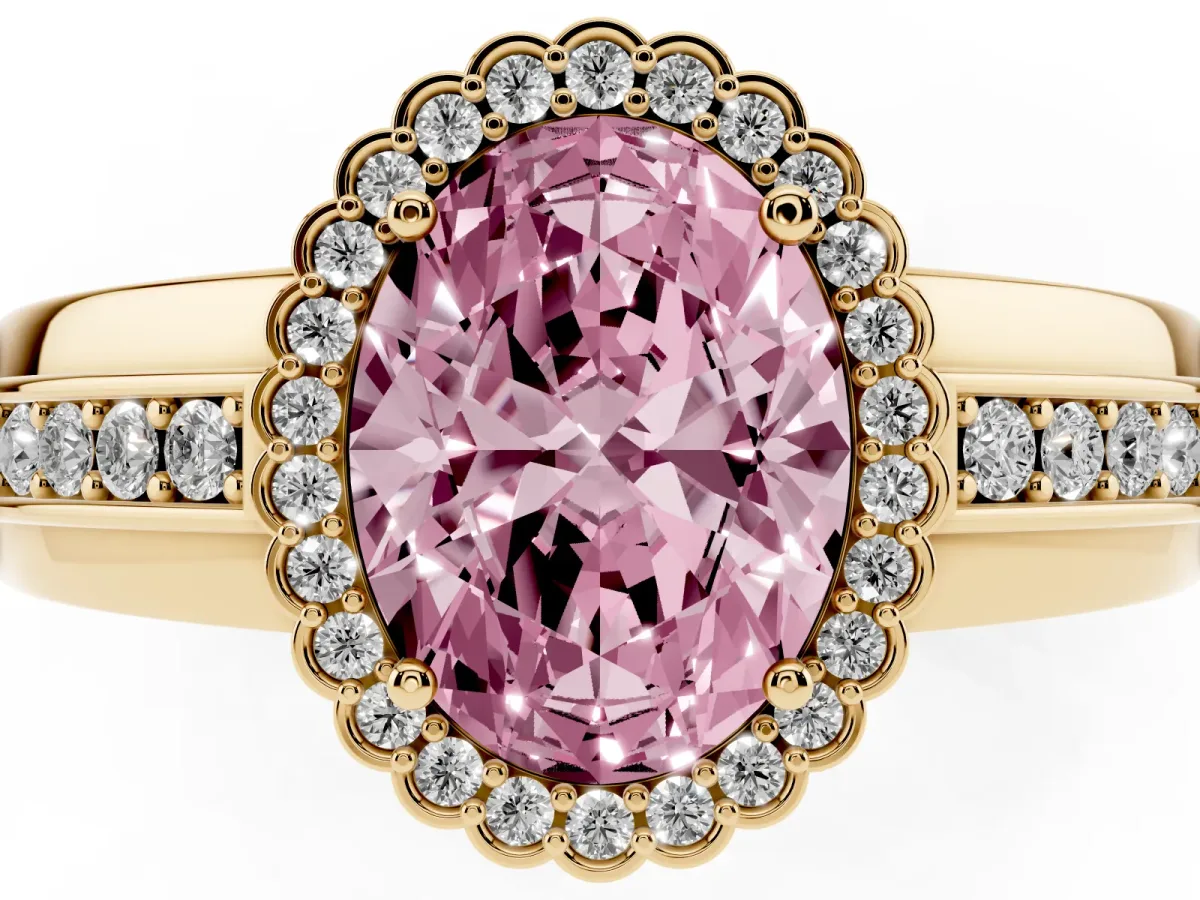 Fancy Pink Oval Cut Cut Halo Pave Band Four-Prong Ring Yellow gold