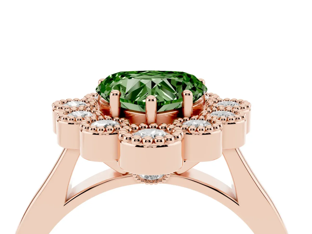 Fancy Green Heart Cut Halo Diamond Cluster Engagement Ring with Milgrain Bezel Setting and Solitaire Band Rose gold
