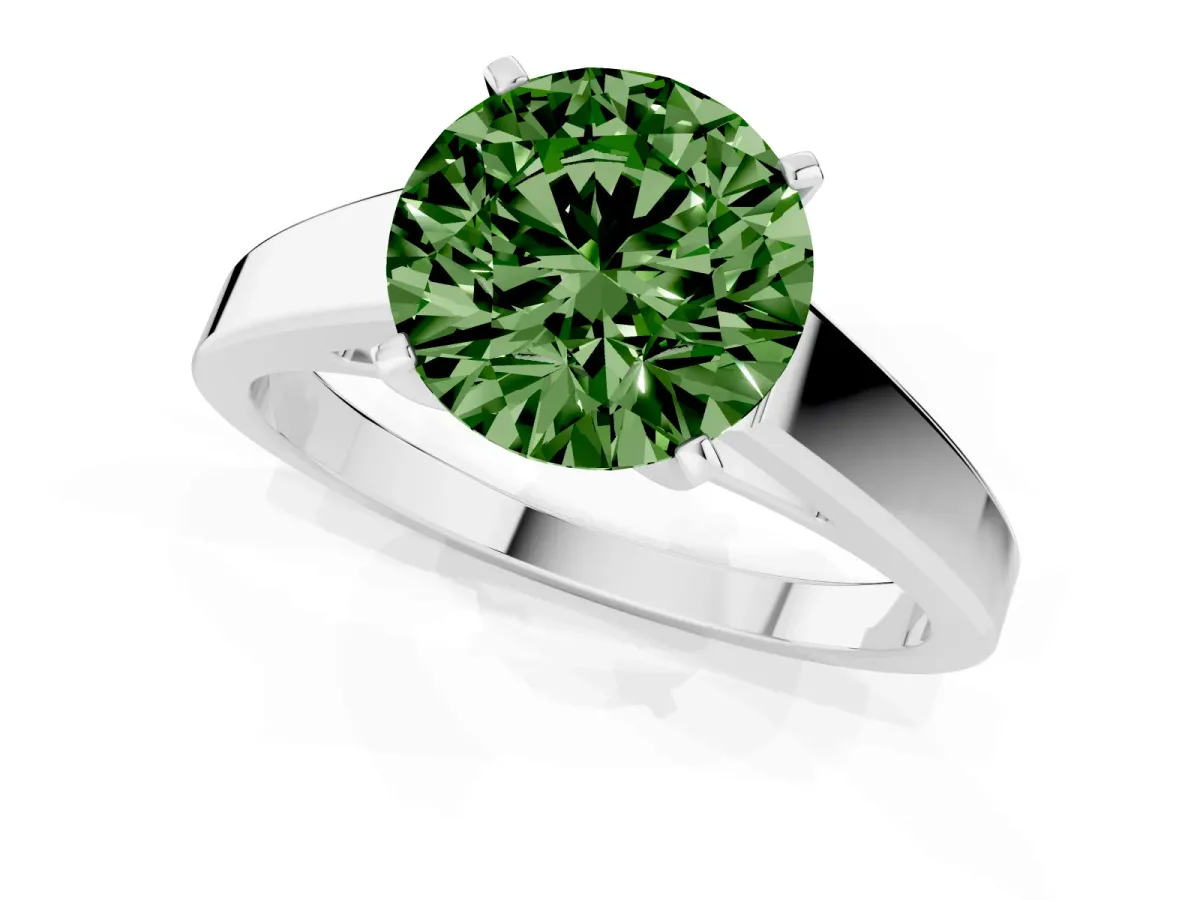 Fancy Green Round Cut Solitaire Engagement Ring with Four-Prong Setting and Tapered Band White gold