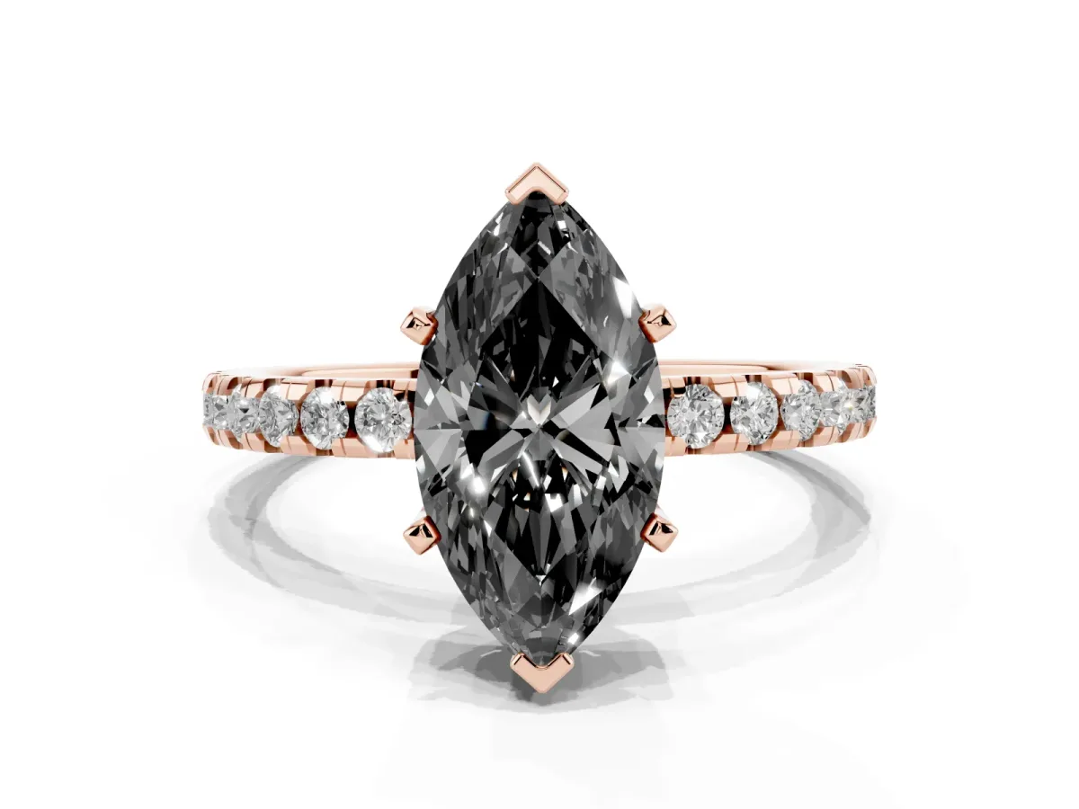 Fancy Black Marquise Cut Diamond Solitaire Ring with Round Pavé Band and Four-Prong Setting Rose gold
