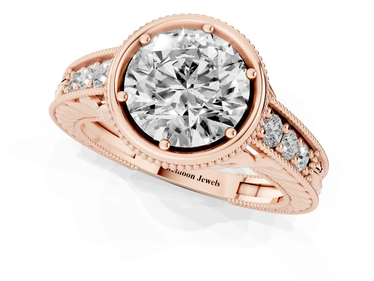 Bezel Set Round Cut Diamond Milgrain Pave Engagement Ring Rose gold